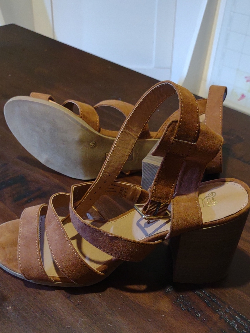 Brash Tan Suede Strappy Block Heel Sandals